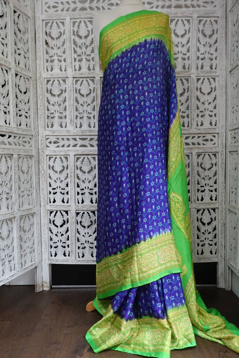 Lime Green And Purple Vintage Silk Sari - New