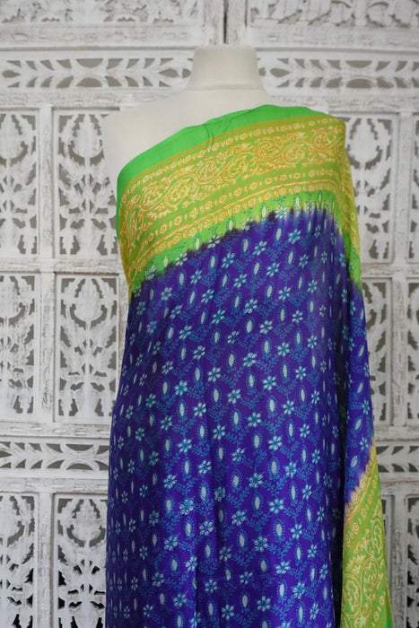 Lime Green And Purple Vintage Silk Sari - New