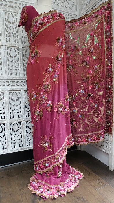 Dusky Pink Beaded Sari With Blouse To Fit 38 Bust - Preloved