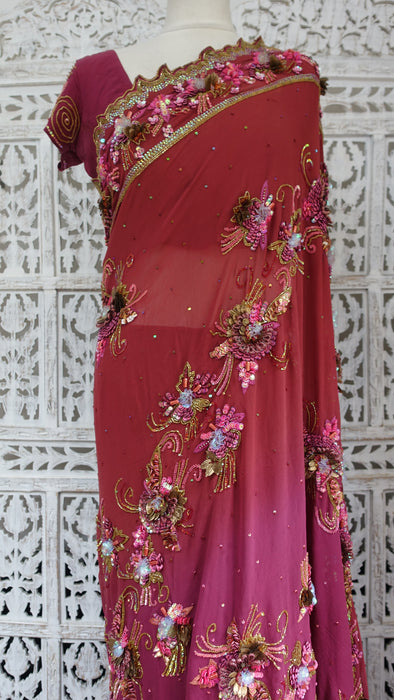 Dusky Pink Beaded Sari With Blouse To Fit 38 Bust - Preloved