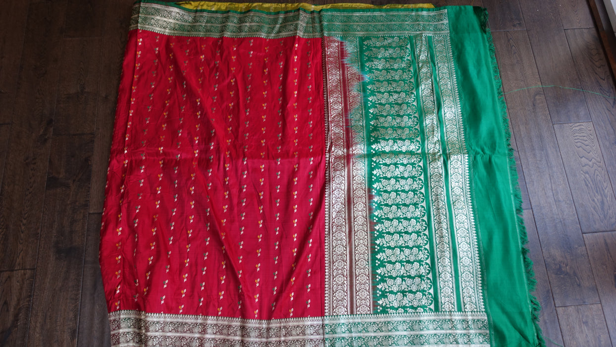 Red Yellow And Green Vintage Sateen Brocade Sari - New
