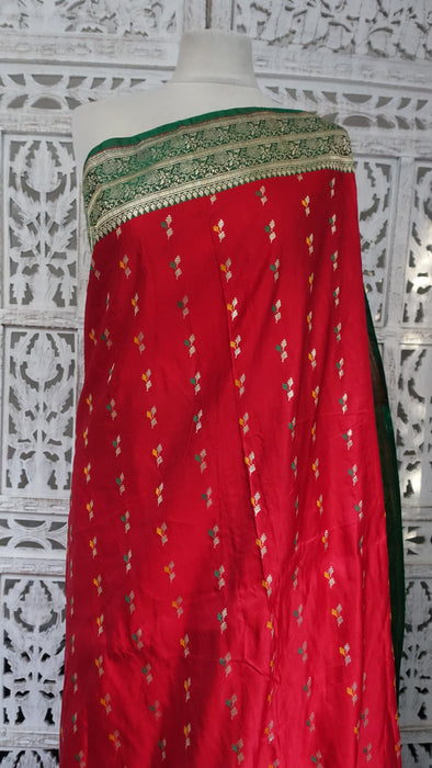Red Yellow And Green Vintage Sateen Brocade Sari - New