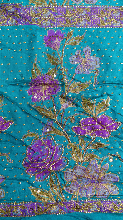 Jade Floral Vintage Light Silk  Sari - New