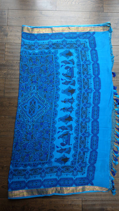 Blue Silk Printed Sari - Preloved