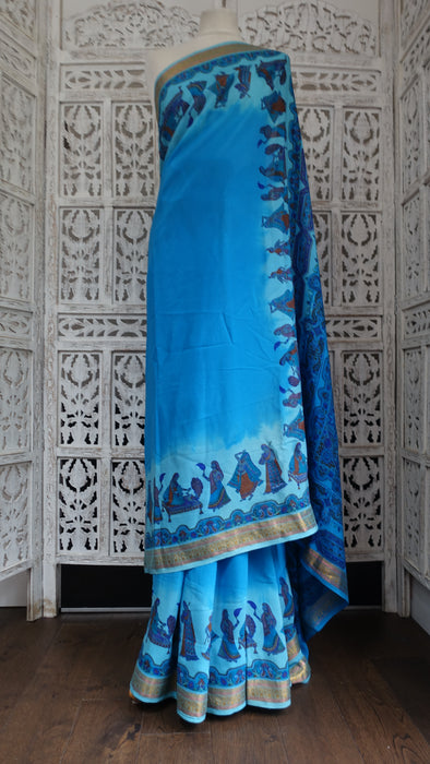 Blue Silk Printed Sari - Preloved