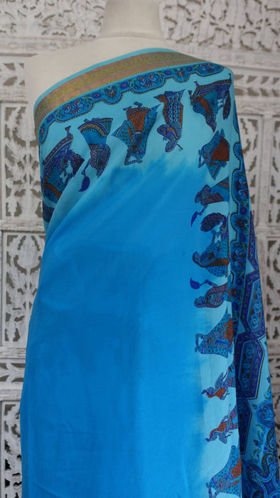 Blue Silk Printed Sari - Preloved
