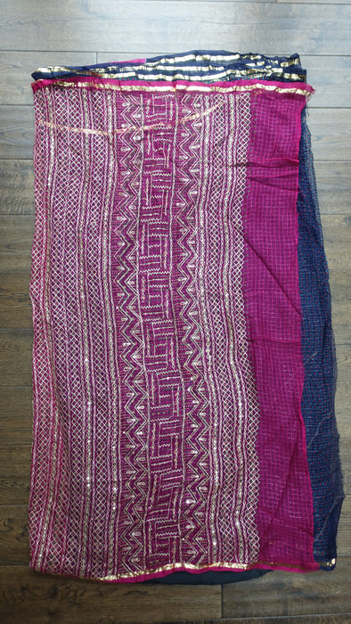 Navy Blue And Magenta Vintage Chiffon With Gold Tilla Work - New