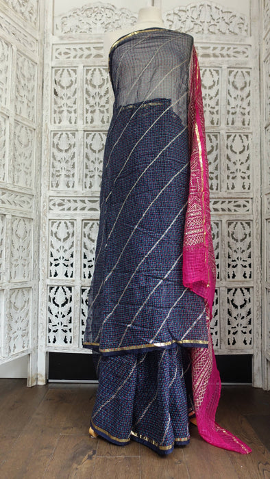 Navy Blue And Magenta Vintage Chiffon With Gold Tilla Work - New