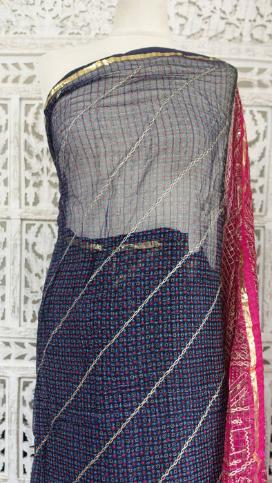 Navy Blue And Magenta Vintage Chiffon With Gold Tilla Work - New
