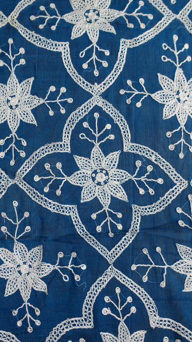 Blue Vintage Sari With White Thread Embroidery - Preloved