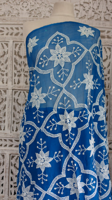 Blue Vintage Sari With White Thread Embroidery - Preloved