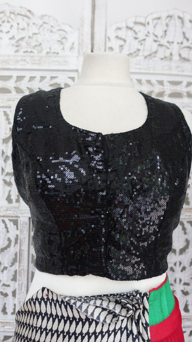 Black Red White With Black Sequinned Sleeveless Blouse To Fit 44 Bust - Preloved