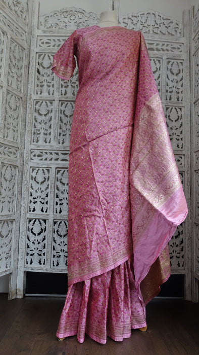 Pink Brocade Silk Vintage Sari With Blouse To Fit 34 Bust - Preloved
