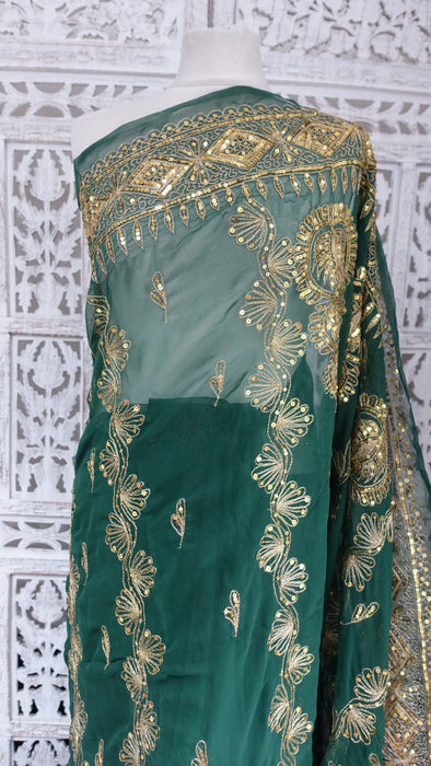 Bottle Green Vintage Sequinned Sari - New