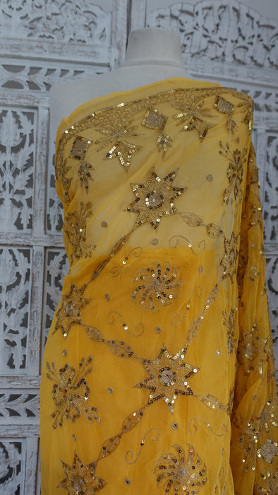 Yellow Vintage Sequinned Sari - Preloved