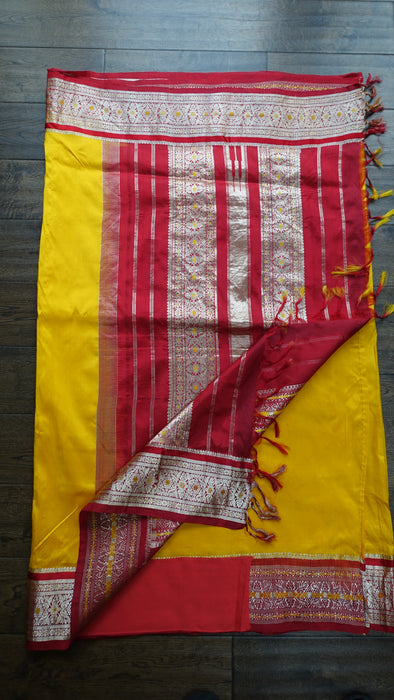 Saffron Yellow And Red Pure Silk Vintage Sari - New