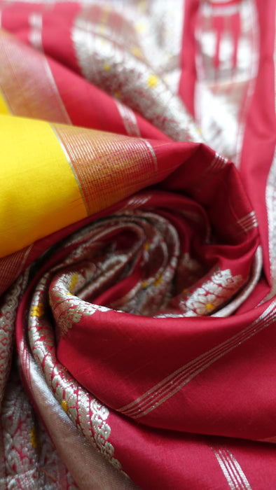 Saffron Yellow And Red Pure Silk Vintage Sari - New