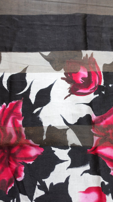Black And Red Floral Print Sari - Preloved