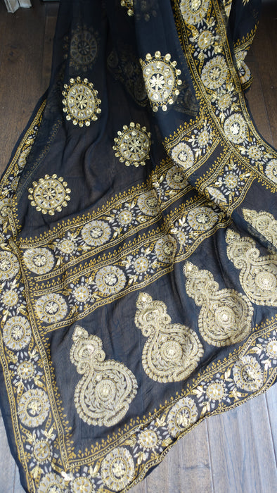 Black Vintage Embroidered  Sari - New