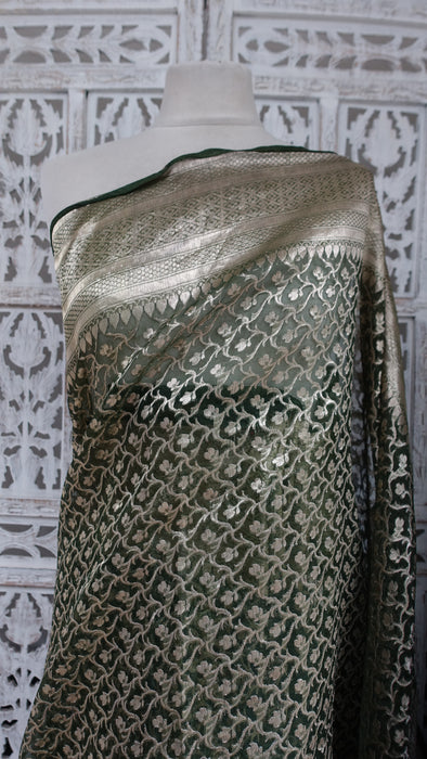 Green And Gold Vintage  Silk Organza Sari - New
