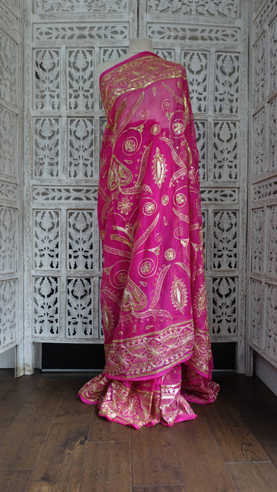 Hot Pink Gold Sequinned Vintage Sari - New