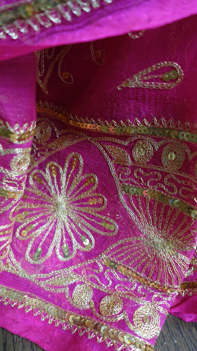 Hot Pink Gold Sequinned Vintage Sari - New