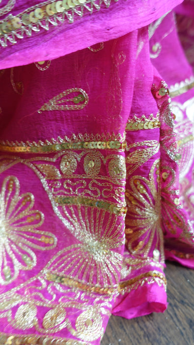 Hot Pink Gold Sequinned Vintage Sari - New