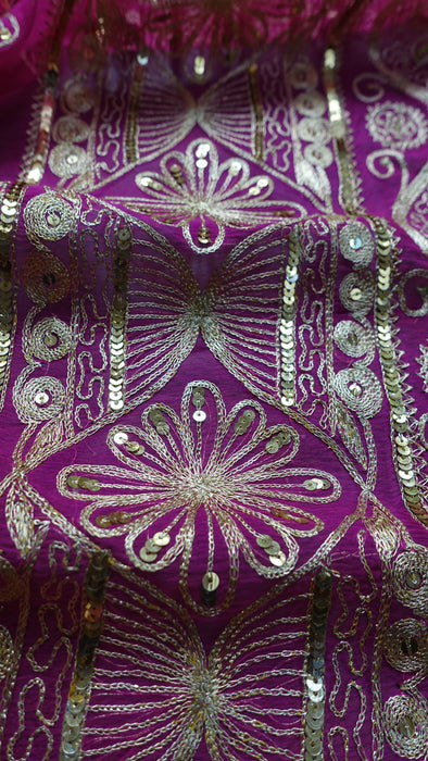 Hot Pink Gold Sequinned Vintage Sari - New
