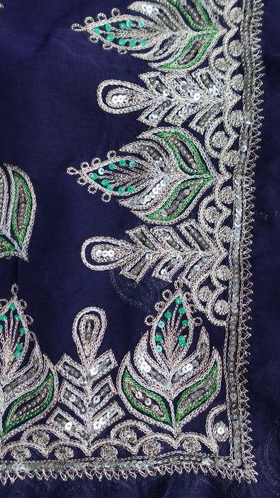 Navy Blue Vintage Silver Sequinned Sari - New