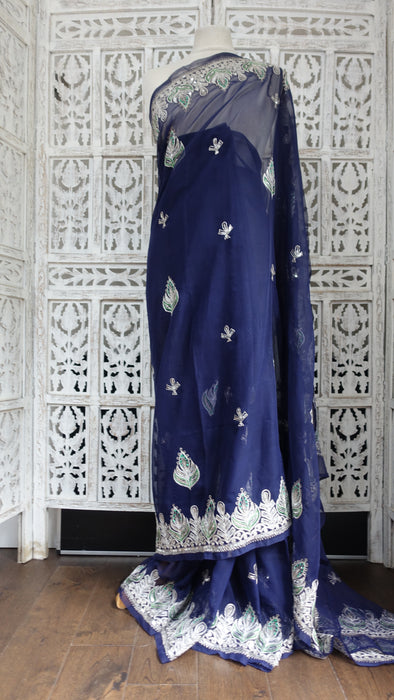 Navy Blue Vintage Silver Sequinned Sari - New