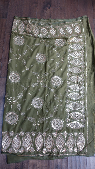 Olive Green Vintage Gold Sequinned Sari - New