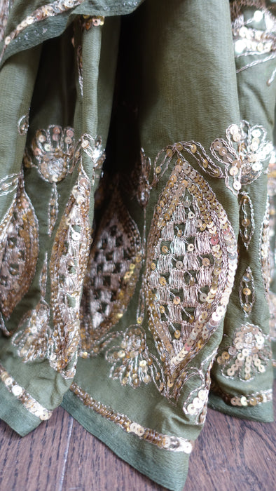 Olive Green Vintage Gold Sequinned Sari - New