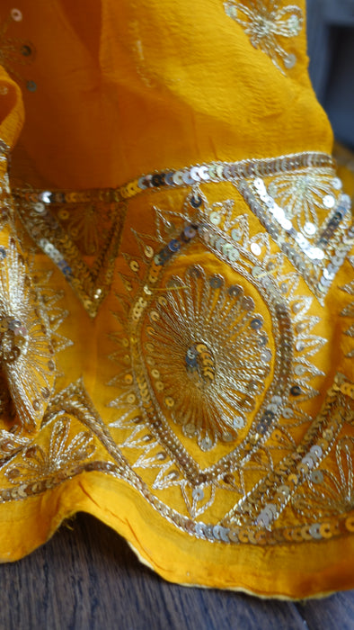 Saffron Silk Chiffon Vintage Sequinned Sari - New