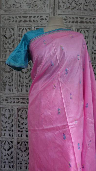 Soft Pink And Aqua Blue Silk Sari With Blouse To Fit 42 Bust - New