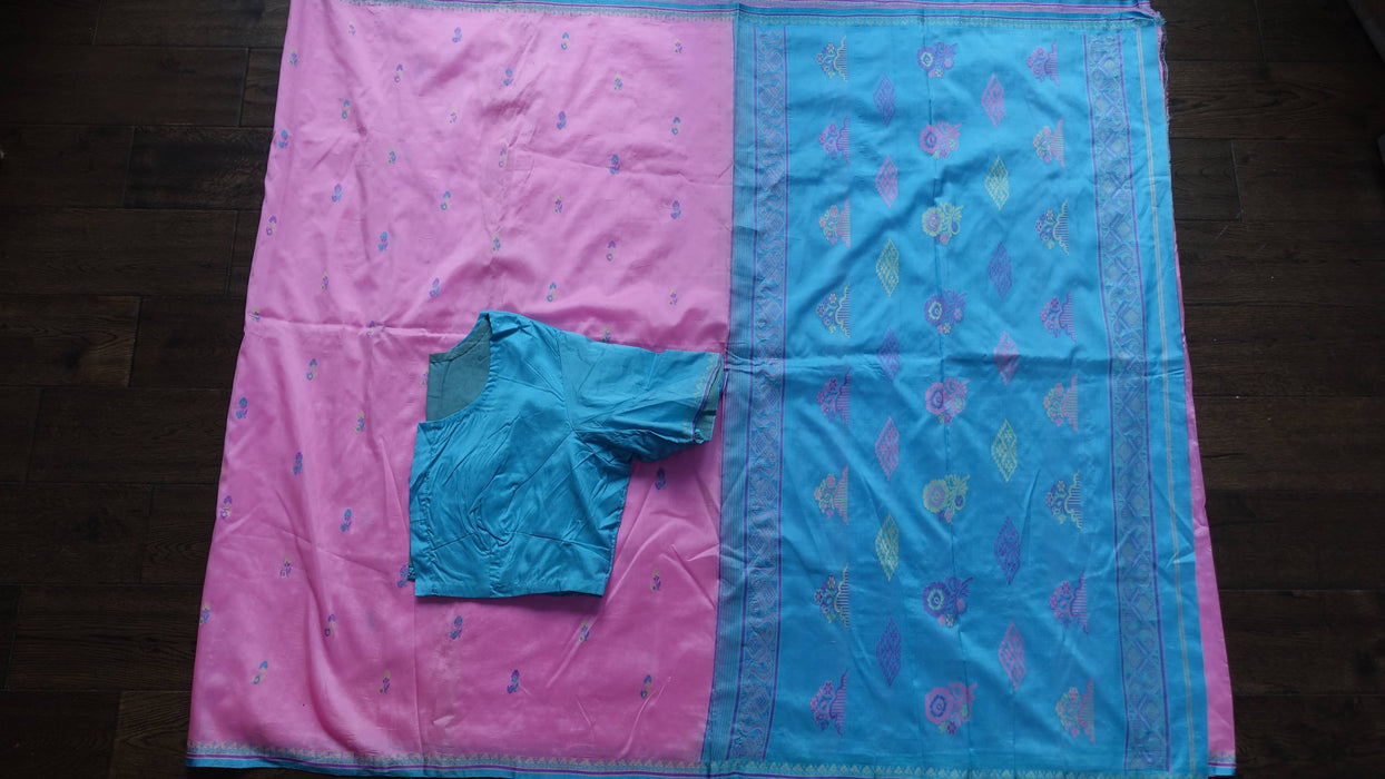 Soft Pink And Aqua Blue Silk Sari With Blouse To Fit 42 Bust - New