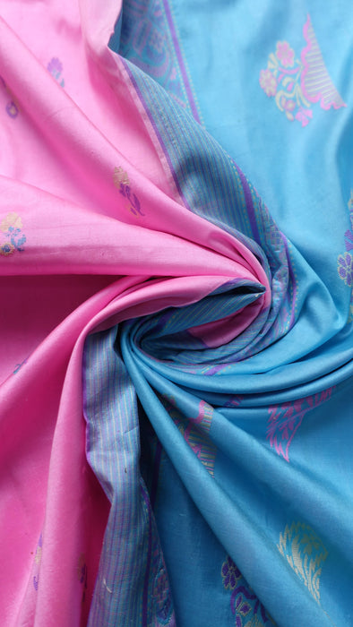 Soft Pink And Aqua Blue Silk Sari With Blouse To Fit 42 Bust - New