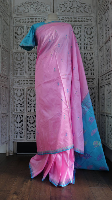 Soft Pink And Aqua Blue Silk Sari With Blouse To Fit 42 Bust - New