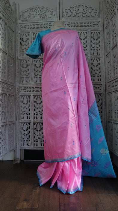 Soft Pink And Aqua Blue Silk Sari With Blouse To Fit 42 Bust - New