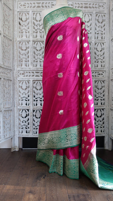Magenta And Green Silk Brocade Sari - New