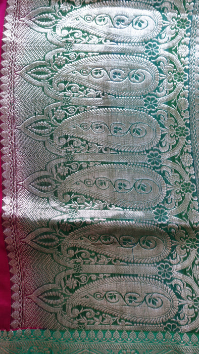 Magenta And Green Silk Brocade Sari - New