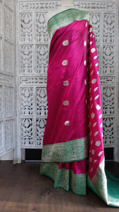 Magenta And Green Silk Brocade Sari - New