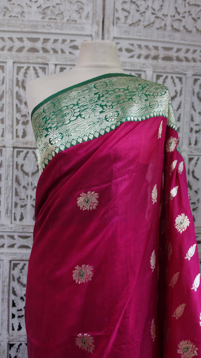 Magenta And Green Silk Brocade Sari - New