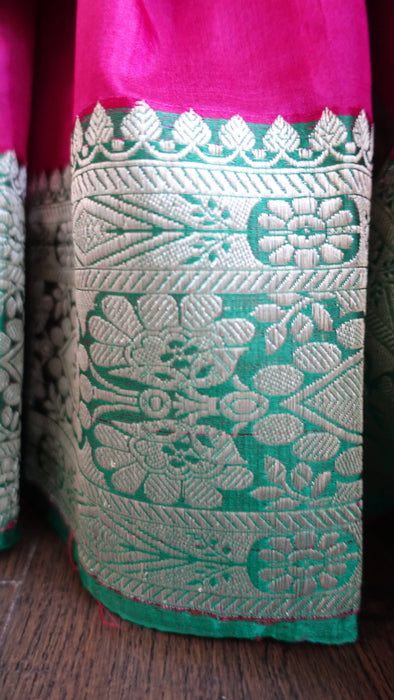 Magenta And Green Silk Brocade Sari - New