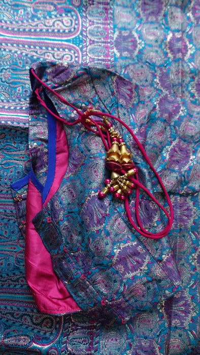 Blue Silk With Banarsi Detailing Blouse To Fit 35 Bust - Preloved