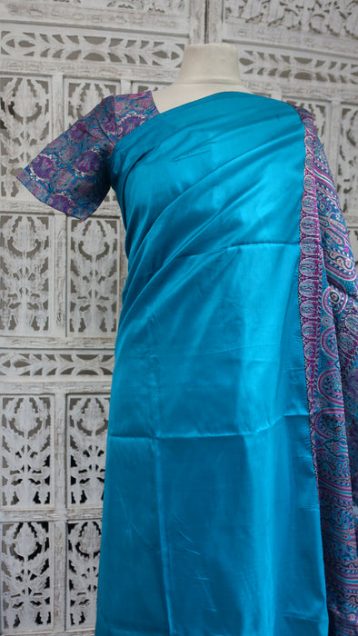 Blue Silk With Banarsi Detailing Blouse To Fit 35 Bust - Preloved
