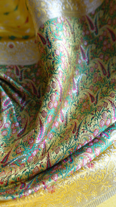 Yellow Vintage Heavy Brocade Silk Sari - Preloved