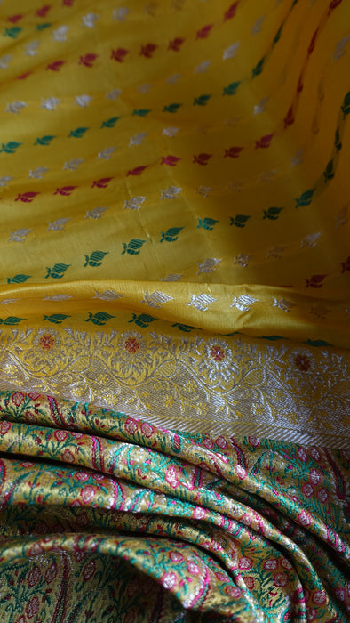 Yellow Vintage Heavy Brocade Silk Sari - Preloved