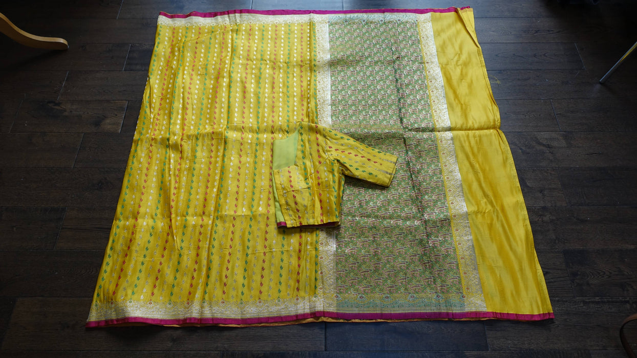 Yellow Vintage Heavy Brocade Silk Sari - Preloved