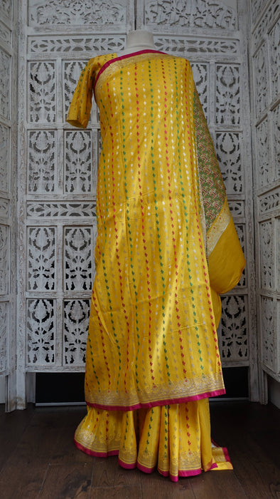 Yellow Vintage Heavy Brocade Silk Sari - Preloved