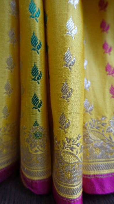 Yellow Vintage Heavy Brocade Silk Sari - Preloved